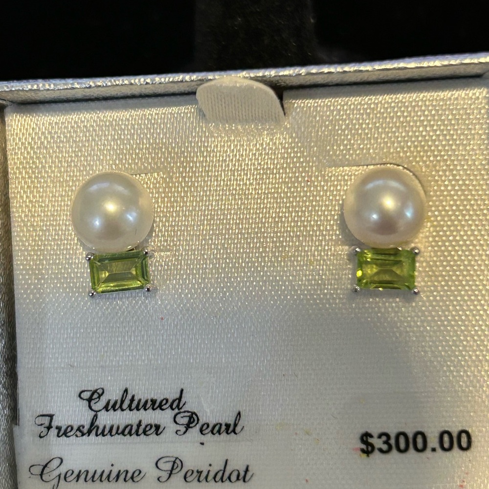 Genuine, Pearl And Peridot Sterling Stud Earrings NWT